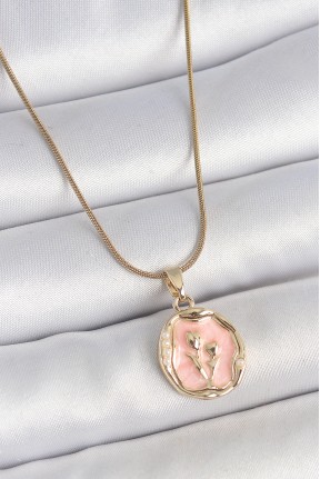 316l çelik Gold Renk Zincir Pembe Mineli çiçek İşlemeli Portre Model Kadın Kolye 316l çelik Gold Renk Zincir Pembe Mineli çiçek İşlemeli Portre Model Kadın Kolye