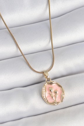 316l çelik Gold Renk Zincir Pembe Mineli çiçek İşlemeli Portre Model Kadın Kolye 316l çelik Gold Renk Zincir Pembe Mineli çiçek İşlemeli Portre Model Kadın Kolye