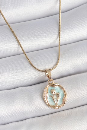 316l çelik Gold Renk Zincir Turkuaz Mineli çiçek İşlemeli Portre Model Kadın Kolye 316l çelik Gold Renk Zincir Turkuaz Mineli çiçek İşlemeli Portre Model Kadın Kolye