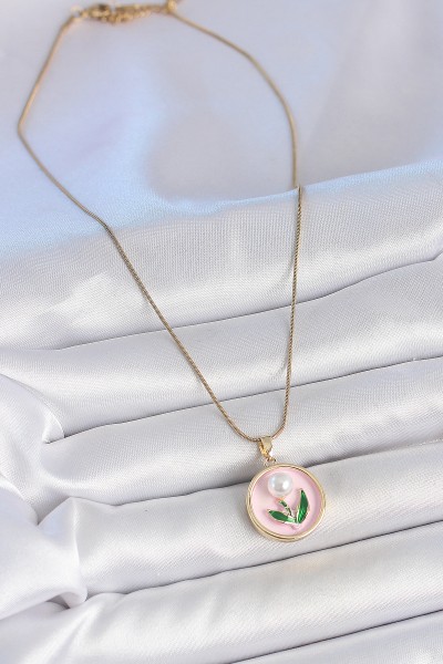 316l çelik Gold Renk Zincir Pembe Mineli İncili çiçek İşlemeli Portre Model Kadın Kolye 316l çelik Gold Renk Zincir Pembe Mineli İncili çiçek İşlemeli Portre Model Kadın Kolye