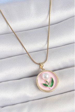 316l çelik Gold Renk Zincir Pembe Mineli İncili çiçek İşlemeli Portre Model Kadın Kolye 316l çelik Gold Renk Zincir Pembe Mineli İncili çiçek İşlemeli Portre Model Kadın Kolye