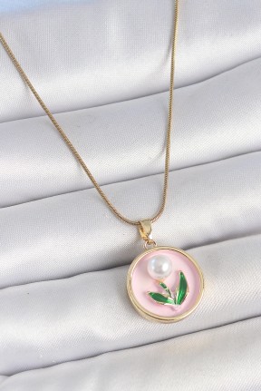 316l çelik Gold Renk Zincir Pembe Mineli İncili çiçek İşlemeli Portre Model Kadın Kolye