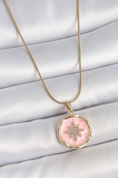 316l çelik Gold Renk Zincir Pembe Mineli Zirkon Taşlı Kuzey Yıldız İşlemeli Madalyon Model Kadın Kolye