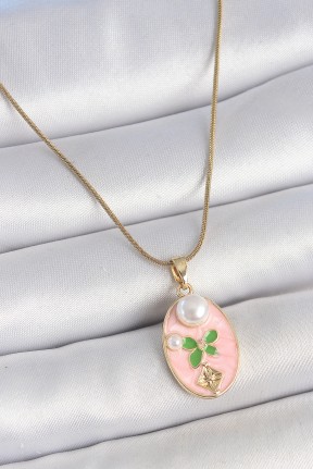 316l çelik Gold Renk Zincir Pembe Mineli Oval İncili çiçek İşlemeli Portre Model Kadın Kolye