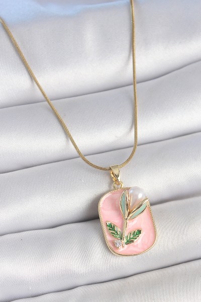 316l çelik Gold Renk Zincir Pembe Mineli İncili çiçek İşlemeli Portre Model Kadın Kolye