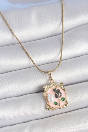 316l çelik Gold Renk Zincir Pembe Mineli çiçek İşlemli İnci Detay Portre Model Kadın Kolye 316l çelik Gold Renk Zincir Pembe Mineli çiçek İşlemli İnci Detay Portre Model Kadın Kolye
