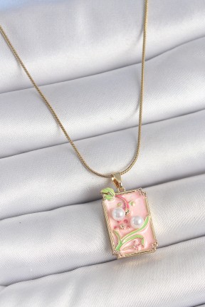 316l çelik Gold Renk Zincir Pembe Mineli İncli çiçek İşlemeli Portre Model Kadın Kolye