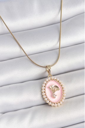 316l çelik Gold Renk Zincir Pembe Mineli İncli Zirkon Taşlı çiçek İşlemeli Portre Model Kadın Kolye 316l çelik Gold Renk Zincir Pembe Mineli İncli Zirkon Taşlı çiçek İşlemeli Portre Model Kadın Kolye