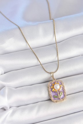 316l çelik Gold Renk Zincir Mor Mineli İncili Papatya İşlemeli Portre Model Kadın Kolye 316l çelik Gold Renk Zincir Mor Mineli İncili Papatya İşlemeli Portre Model Kadın Kolye