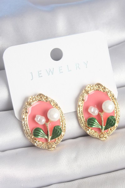 Pirinç Gold Renk Pembe Mineli İncili çiçek İşlemli Portre Model Kadın Küpe