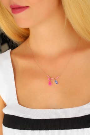 Nazar Boncuklu Pembe Renk Taşlı Rose Bayan Kolye Nazar Boncuklu Pembe Renk Taşlı Rose Bayan Kolye