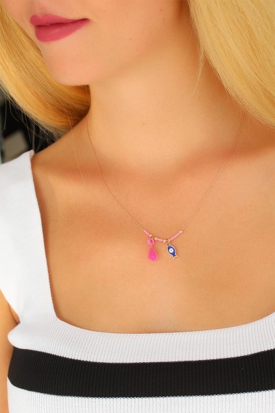 Nazar Boncuklu Pembe Renk Taşlı Rose Bayan Kolye Nazar Boncuklu Pembe Renk Taşlı Rose Bayan Kolye