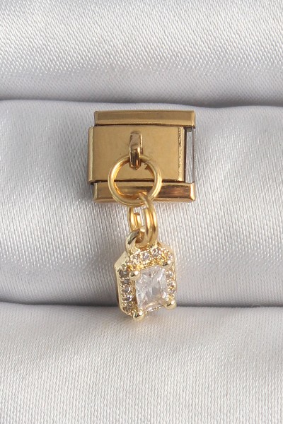 316l çelik Gold Renk Sallantı Zirkon Taşlı Kare Model Nomination Charm