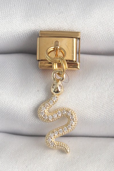 316l çelik Gold Renk Sallantı Zirkon Taşlı Yılan Model Nomination Charm