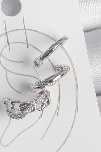 Pirinç Gümüş Renk Zirkon Taşlı 3'lü Model Sonsuzluk Zincir Model Kıkırdak Küpe