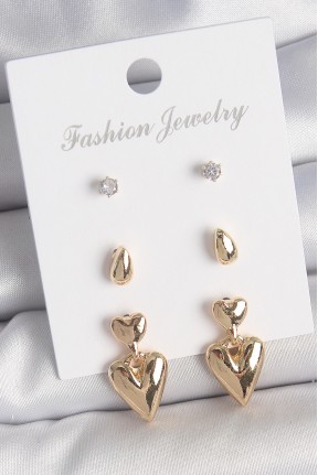 Pirinç Gold Renk Zirkon Taşlı Sallantılı Kalp Model 3 çift Kadın Küpe Seti Pirinç Gold Renk Zirkon Taşlı Sallantılı Kalp Model 3 çift Kadın Küpe Seti