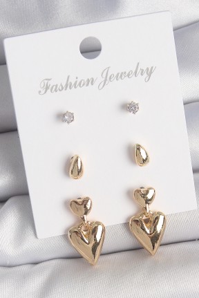 Pirinç Gold Renk Zirkon Taşlı Sallantılı Kalp Model 3 çift Kadın Küpe Seti Pirinç Gold Renk Zirkon Taşlı Sallantılı Kalp Model 3 çift Kadın Küpe Seti