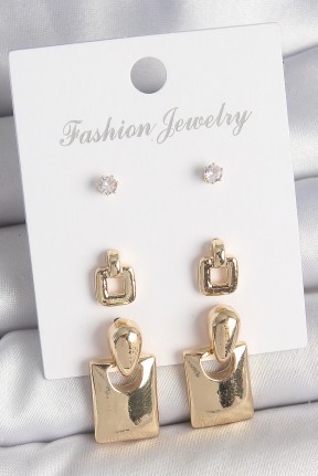 Pirinç Gold Renk Zirkon Taşlı Sallantılı Kare Model 3 çift Kadın Küpe Seti Pirinç Gold Renk Zirkon Taşlı Sallantılı Kare Model 3 çift Kadın Küpe Seti