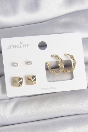 Pirinç Gold Renk Burgu Halka Model Zirkon Taşlı Kare Detay 3 çift Kadın Küpe Seti Pirinç Gold Renk Burgu Halka Model Zirkon Taşlı Kare Detay 3 çift Kadın Küpe Seti