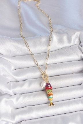 İnci Detaylı Zirkon Taşlı Rainbow Balık Figürlü Gold Renk Pirinç Kolye İnci Detaylı Zirkon Taşlı Rainbow Balık Figürlü Gold Renk Pirinç Kolye