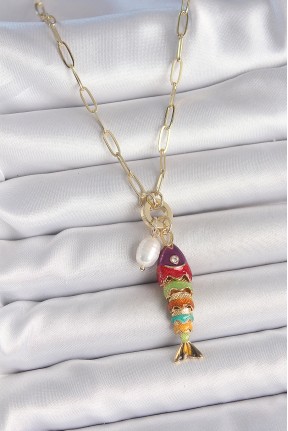 İnci Detaylı Zirkon Taşlı Rainbow Balık Figürlü Gold Renk Pirinç Kolye İnci Detaylı Zirkon Taşlı Rainbow Balık Figürlü Gold Renk Pirinç Kolye