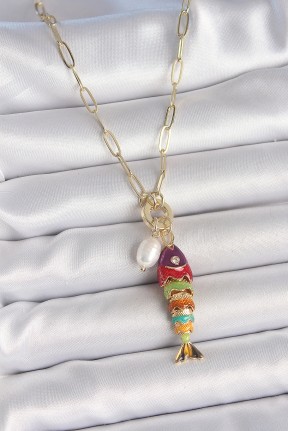 İnci Detaylı Zirkon Taşlı Rainbow Balık Figürlü Gold Renk Pirinç Kolye İnci Detaylı Zirkon Taşlı Rainbow Balık Figürlü Gold Renk Pirinç Kolye