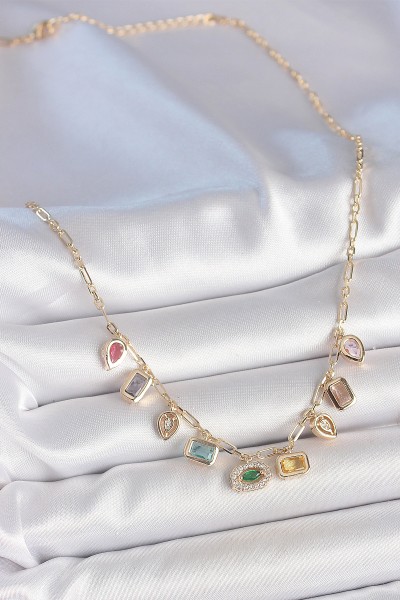 Sıralı Karışık Renk Zirkon Taşlı Gold Pirinç Kolye Sıralı Karışık Renk Zirkon Taşlı Gold Pirinç Kolye