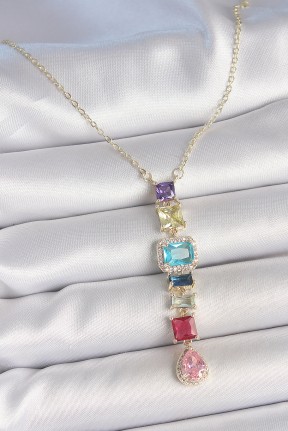 Gold Karışık Renk Zirkon Taşlı Y Pirinç Kolye Gold Karışık Renk Zirkon Taşlı Y Pirinç Kolye