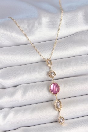 Pirinç Zincir Gold Renk Pembe Zirkon Taşlı Y Kolye Pirinç Zincir Gold Renk Pembe Zirkon Taşlı Y Kolye
