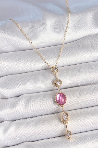 Pirinç Zincir Gold Renk Pembe Zirkon Taşlı Y Kolye Pirinç Zincir Gold Renk Pembe Zirkon Taşlı Y Kolye