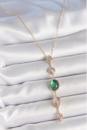Pirinç Zincir Zümrüt Yeşil Gold Renk Zirkon Taşlı Y Kolye Pirinç Zincir Zümrüt Yeşil Gold Renk Zirkon Taşlı Y Kolye