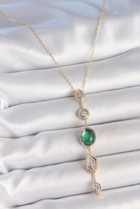 Pirinç Zincir Zümrüt Yeşil Gold Renk Zirkon Taşlı Y Kolye Pirinç Zincir Zümrüt Yeşil Gold Renk Zirkon Taşlı Y Kolye