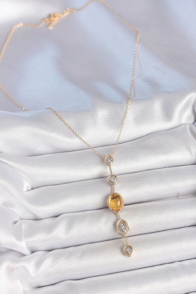 Pirinç Zincir Kehribar Sarı Gold Renk Zirkon Taşlı Y Kolye Pirinç Zincir Kehribar Sarı Gold Renk Zirkon Taşlı Y Kolye