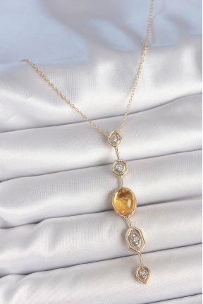 Pirinç Zincir Kehribar Sarı Gold Renk  Zirkon Taşlı Y Kolye Pirinç Zincir Kehribar Sarı Gold Renk  Zirkon Taşlı Y Kolye