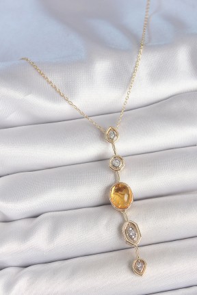 Pirinç Zincir Kehribar Sarı Gold Renk  Zirkon Taşlı Y Kolye Pirinç Zincir Kehribar Sarı Gold Renk  Zirkon Taşlı Y Kolye