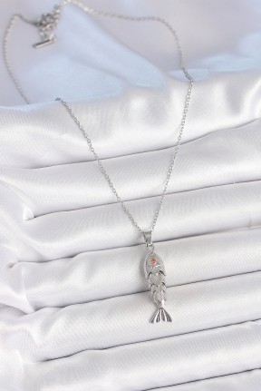 316l çelik Zincir Gümüş Renk Zirkon Taşlı Balık Figürlü Kolye