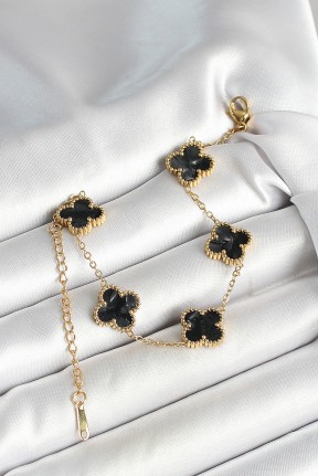 316l çelik Sedefli Siyah Gold Renk Yonca Kadın Bileklik