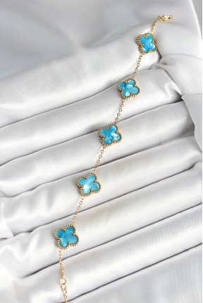 316l çelik Sedefli Gökyüzü Mavisi Gold Renk Yonca Kadın Bileklik