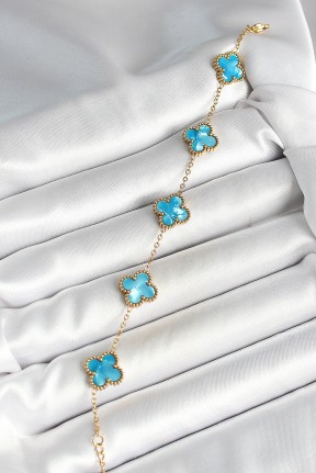 316l çelik Sedefli Gökyüzü Mavisi Gold Renk Yonca Kadın Bileklik