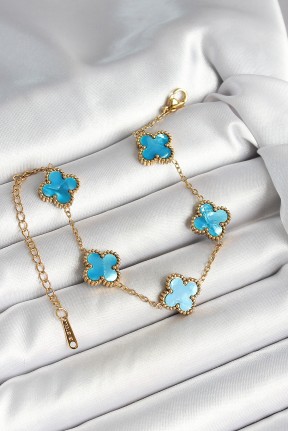 316l çelik Sedefli Gökyüzü Mavisi Gold Renk Yonca Kadın Bileklik