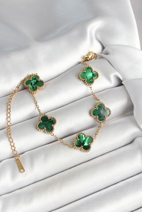 316l çelik Sedefli Zümrüt Yeşil Gold Renk Yonca Kadın Bileklik