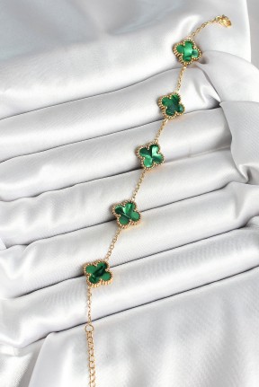 316l çelik Sedefli Zümrüt Yeşil Gold Renk Yonca Kadın Bileklik