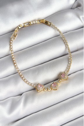 Pirinç Sıralı Pembe Kalp Figürlü Zirkon Taşlı Gold Renk Kadın Bileklik Pirinç Sıralı Pembe Kalp Figürlü Zirkon Taşlı Gold Renk Kadın Bileklik