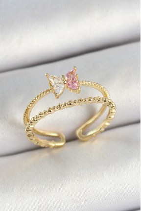 Pirinç Kelebek Figürlü Zirkon Taşlı Gold Renk Ayarlanabilir Kadın Yüzük