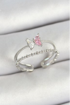 Pirinç Kelebek Figürlü Zirkon Taşlı Gümüş Renk Ayarlanabilir Kadın Yüzük