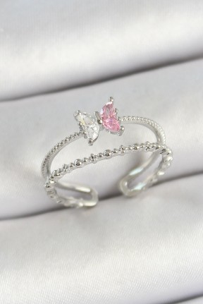 Pirinç Kelebek Figürlü Zirkon Taşlı Gümüş Renk Ayarlanabilir Kadın Yüzük
