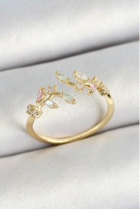 Pirinç Yaprak Figürlü Zirkon Taşlı Gold Renk Ayarlanabilir Kadın Yüzük Pirinç Yaprak Figürlü Zirkon Taşlı Gold Renk Ayarlanabilir Kadın Yüzük