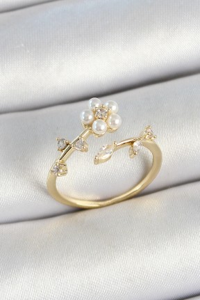 Pirinç İnci Detaylı Papatya Figürlü Zirkon Taşlı Gold Renk Ayarlanabilir Kadın Yüzük Pirinç İnci Detaylı Papatya Figürlü Zirkon Taşlı Gold Renk Ayarlanabilir Kadın Yüzük