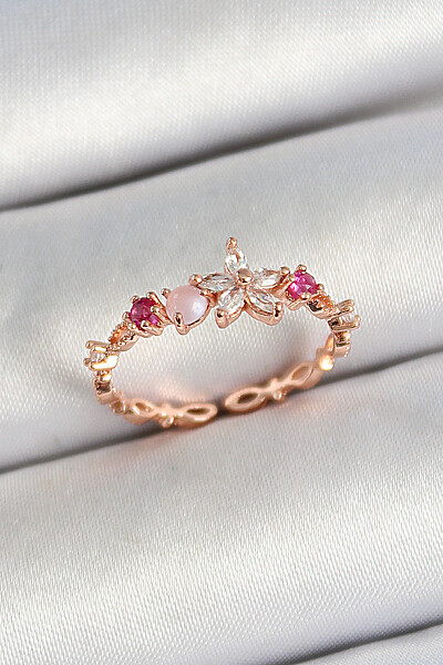 Pirinç Papatya Figürlü Zirkon Taşlı Rose Gold Renk Ayarlanabilir Kadın Yüzük