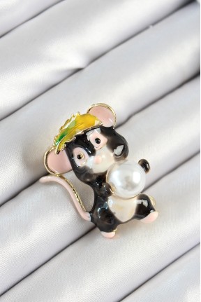 İnci Detaylı Siyah Ve Pembe 3d Sevimli Fare Figürlü Gold Renk Kadın Broş İnci Detaylı Siyah Ve Pembe 3d Sevimli Fare Figürlü Gold Renk Kadın Broş